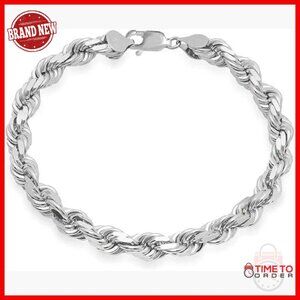 Sterling Silver Rope Link Bracelet, Diamond-Cut Chain, 7MM, Unisex